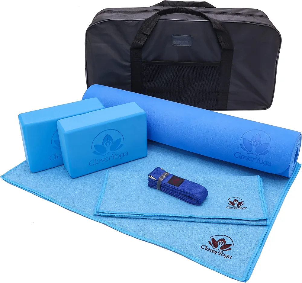 Clever Yoga Set - Complete Beginners 7-Piece Yoga Kit Includes 6mm Thick Yoga Mat, 2 Yoga Blocks, Yoga Strap, Mat Towel, Hand Towel and Carrying Bag for Women and Men