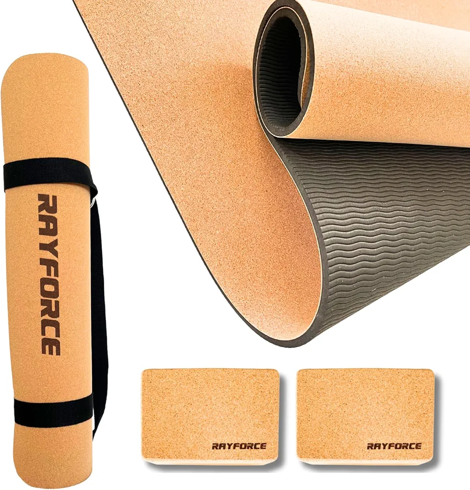 Rayforce Premium Cork Yoga Starter Set - Large Cork Yoga Mat, 2 Cork Blocks, Yoga Strap, Carry Bag - (Thick Mat, Non-Slip, Lightweight, Natural, Eco-Friendly)