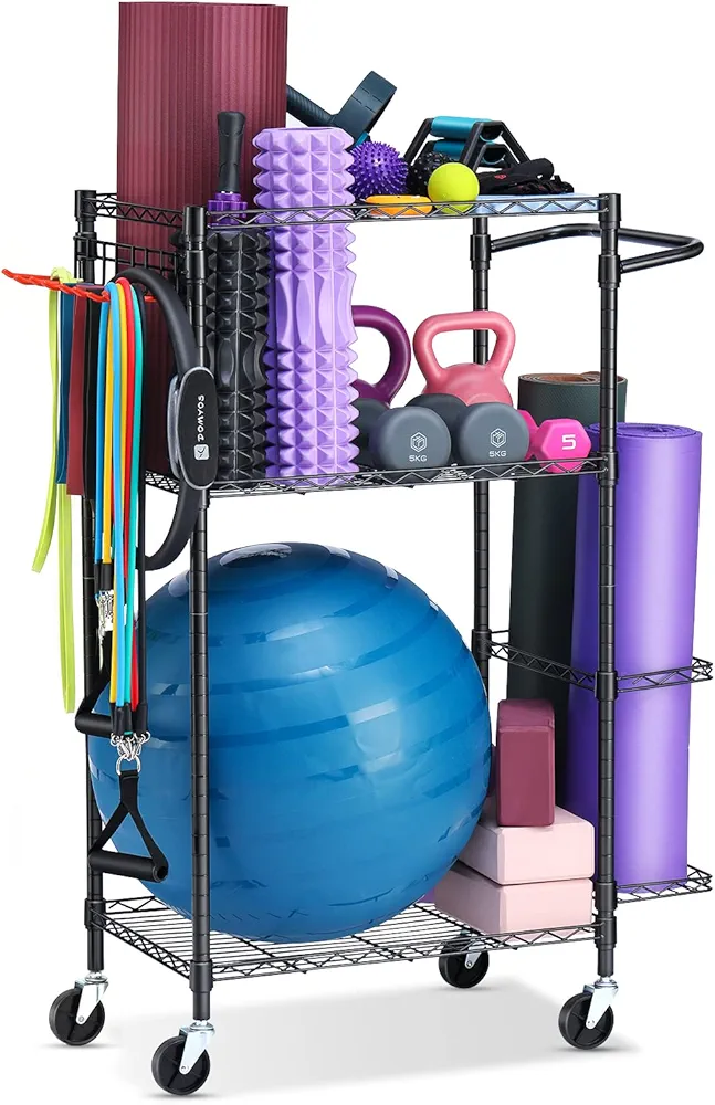Yoga Mat Storage Rack, Home Gym Workout Equipment Storage Rack, Cart for Organizing Workout Room, Organizer Yoga Equipment Dumbbell Kettlebells Home Gym Storage Rack with Hooks and Wheels