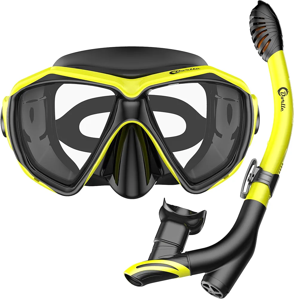 Snorkel Set Diving Mask with Anti-Fog Tempered Glass, Anti-Leak Dry Top Snorkel Mask, Easy Breathing and Adjustable Snorkeling Gear for Adults and Youth