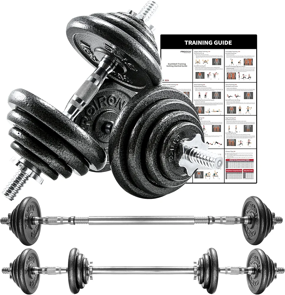 PROIRON 44Lbs Cast Iron Adjustable Dumbbell Set Hand Weight with Solid Dumbbell Handles Changed into Barbell Handily Great for Bodybuilding Fitness Weight Lifting Training Home Gym