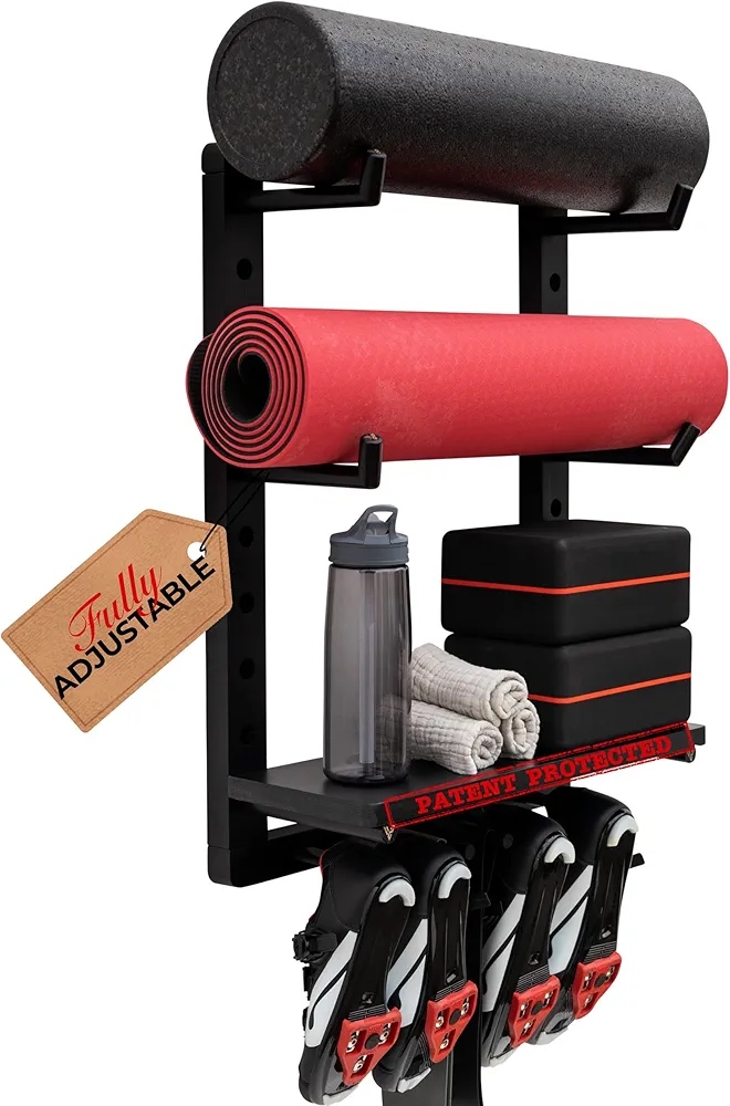 Home Gym Wall Storage Rack Yoga Mat Holder Wall Mount, Fully Adjustable Yoga Mat Wall Holder Gym Shelf for Peloton Accessories Storage or Home Gym Wall Organizer Shelf for Yoga Mat Storage