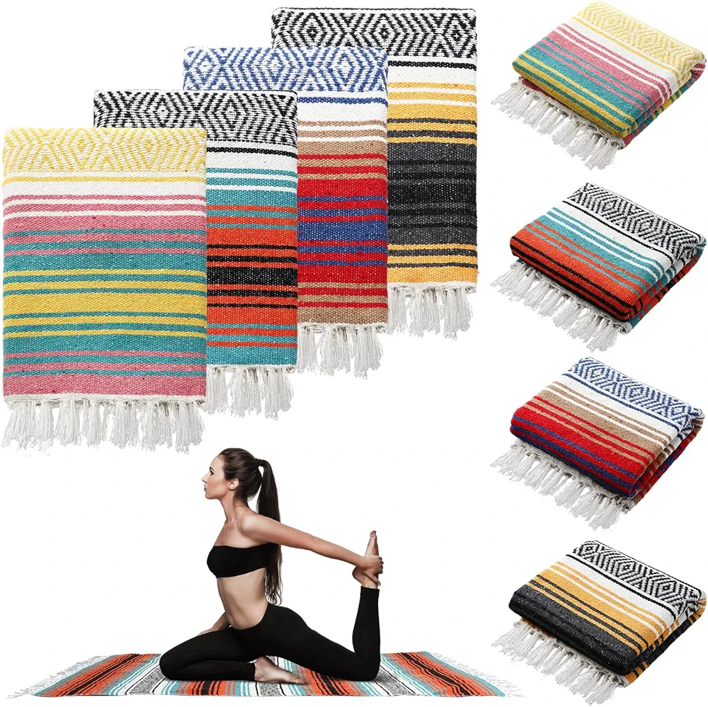 Preboun 4 Pcs Large Mexican Yoga Blanket Pack 45 x 70 Inch Thick Woven Camping Blanket Picnic Blanket Beach Car Travel Throw Blanket Outdoor Patio Mat Towel