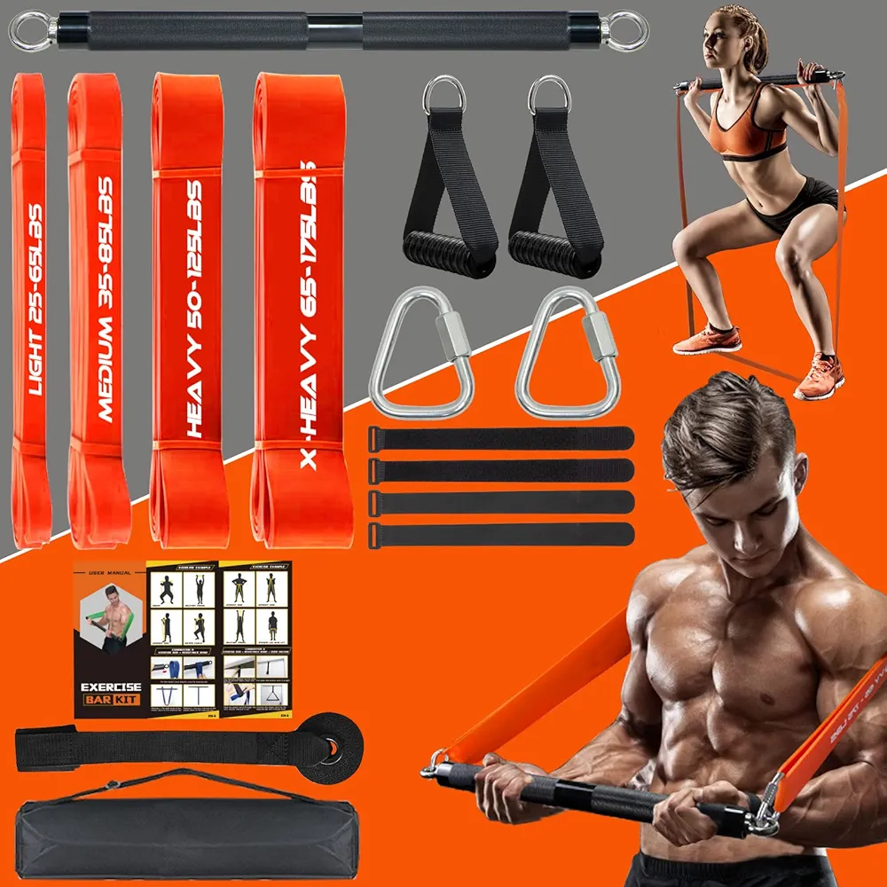 DASKING 500LBS Extra Heavy Home Gym Resistance Band Bar set with 4 Levels Stackable Resistance Bands, Portable Full Body Workout Equipment Exercise Bar Kit,Workout Guide Included