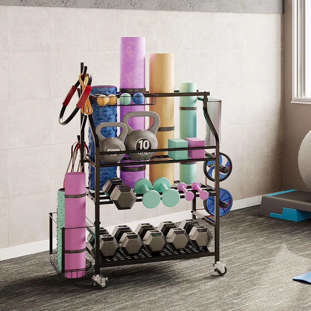 Dumbbells Rack,Weight Rack for Kettlebell, Weight Stand,Home Gym Storage Holder for Yoga Mat, Foam Roller,Yoga Strap,Resistance Bands,Garage Storage Organizer,Workout Storage with Wheels