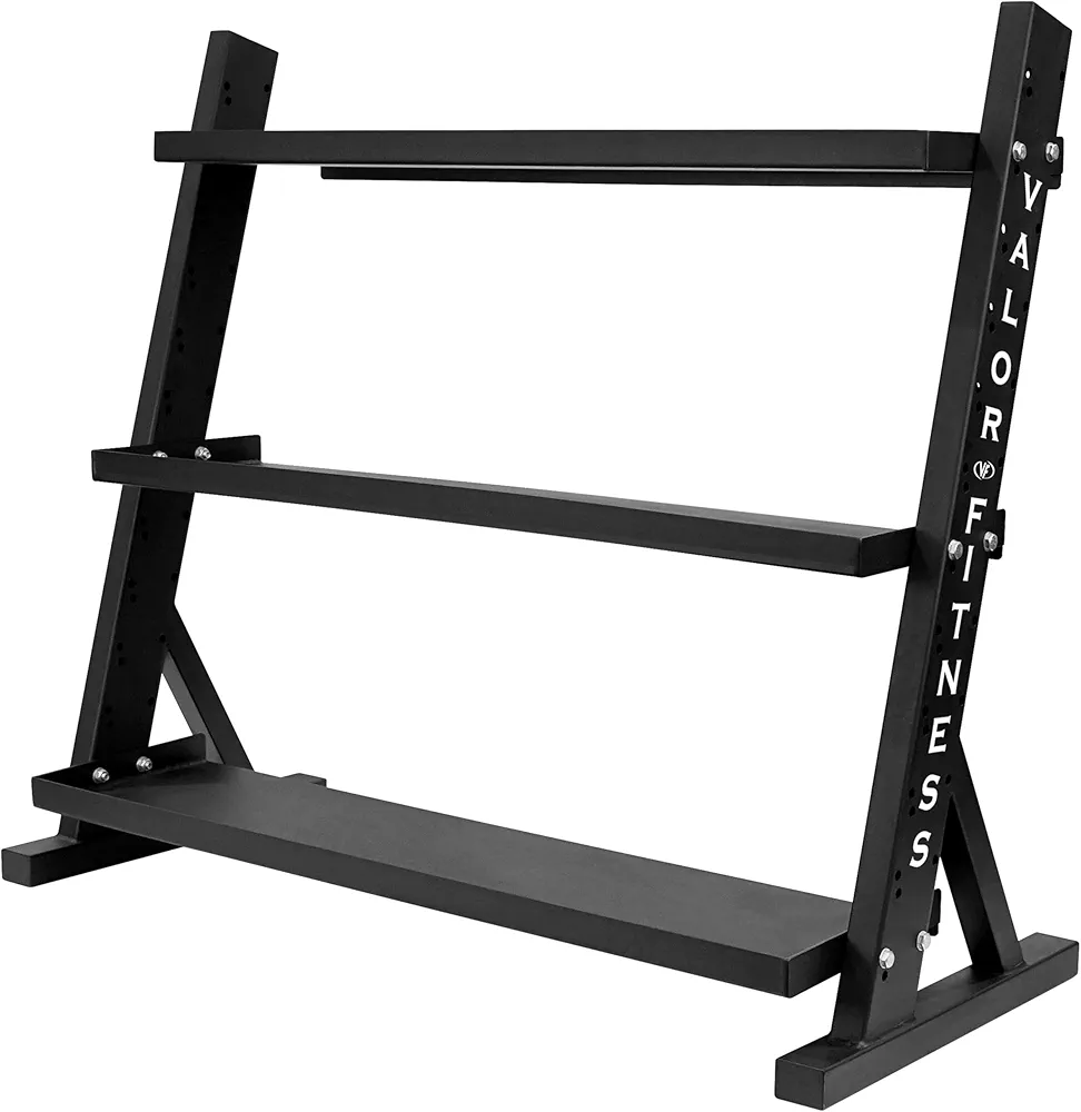 Valor Fitness Adjustable 3-Tier Storage Rack for Fitness Equipment - 58" Wide- Wallball | Dumbbell | Kettlebell | Exercise Ball Organizer - Heavy Duty Max Weight 660lbs