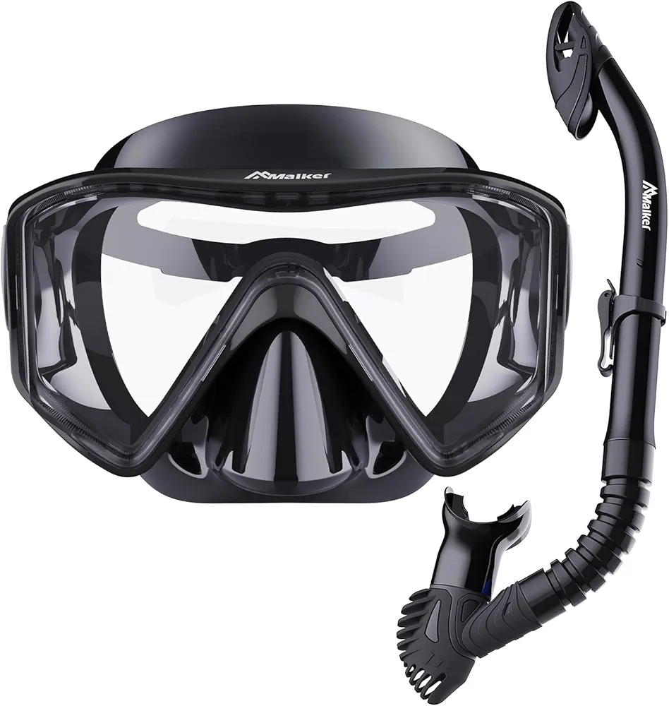 Malker Dry Snorkel Set Snorkeling Mask Anti-Fog Panoramic Snorkeling Gear with Mesh Bag Scuba Swimming Goggles Diving Mask for Adults