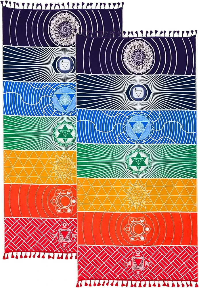 Neasyth 2Pcs Chakra Meditation Mat Yoga Rug Beach Sunscreen Shawl Spiritual Reiki Chakras Wall Decor Boho Pilates 59 in (Thin Polyester)