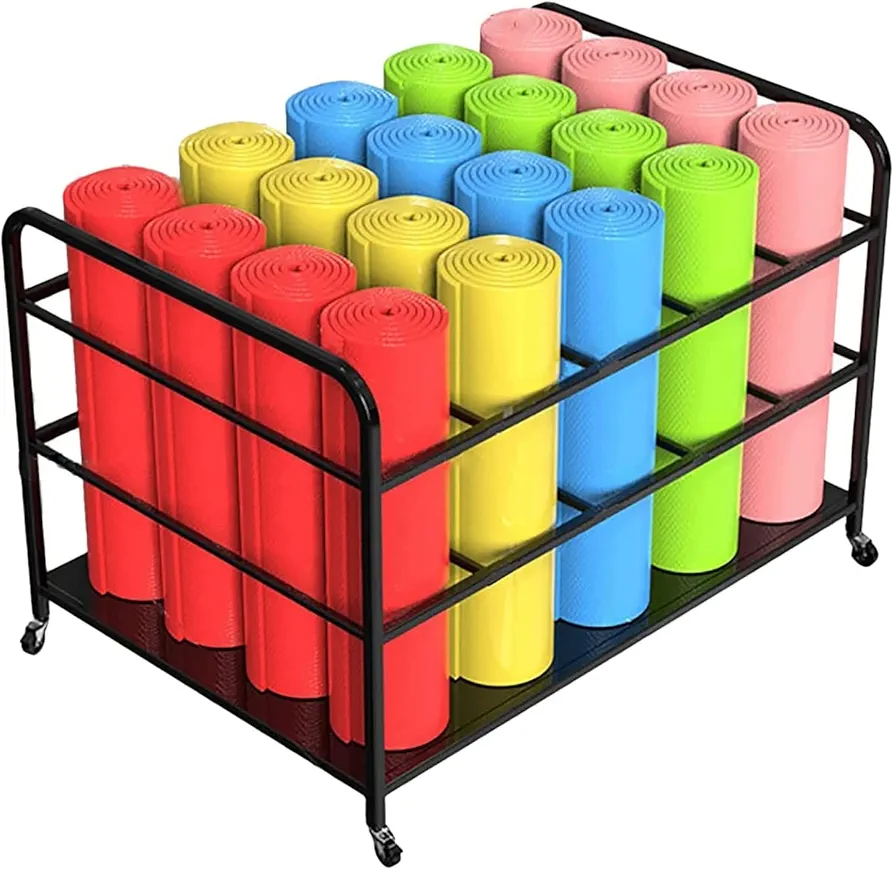 Large Yoga Mat Storage Cart with Wheels, Floor Metal Yoga Mat Holder Basket, Gym Foam Rollers Organizer, for Gym/Yoga Studio Hold 20 Exercise Mats