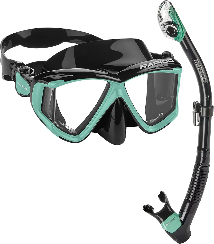 Italian Design Panto-180 Premium Tempered Glass Lens Anti-Fog Panoramic Side-View Snorkel Mask, Superior Dry Snorkel Tube, Snorkeling Mask Snorkel Set