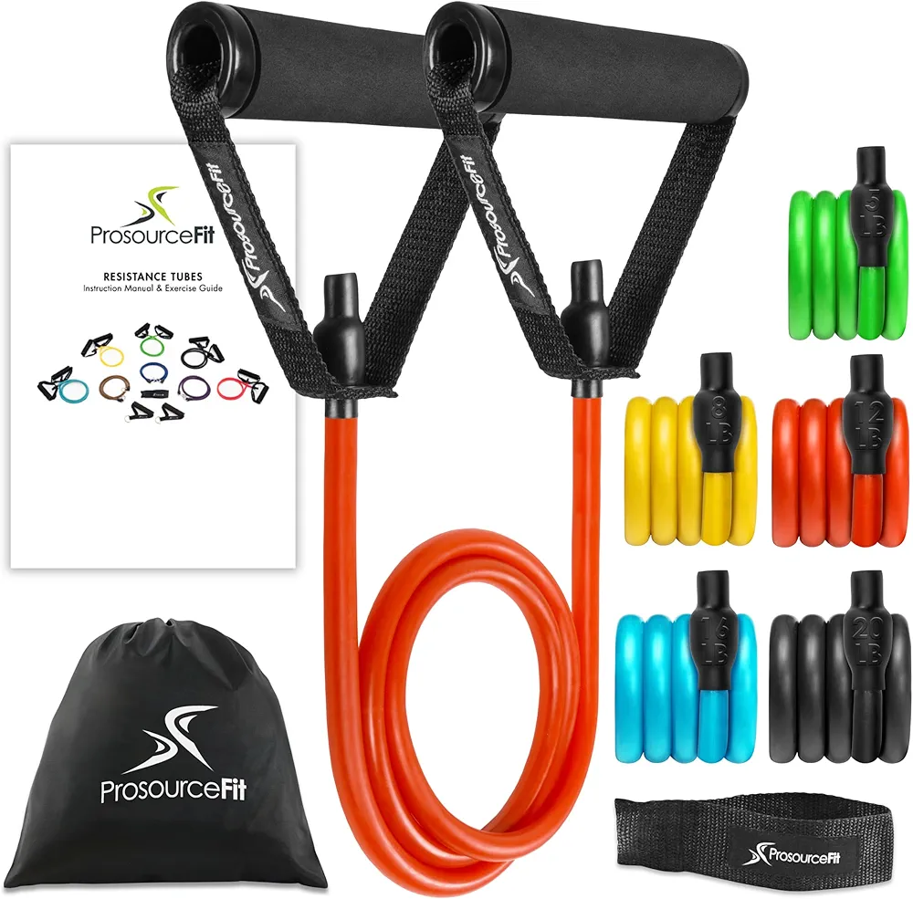 ProsourceFit Tube Resistance Bands Set 2 - 20 LB with Attached Handles, Door Anchor and Exercise Guide Full-Body Exercises and Home Workouts