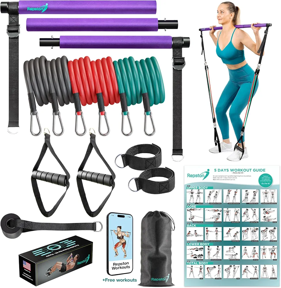 Pilates Bar Kit with Resistance Bands - Home Gym Equipment - Workout Equipment for Women and Men - Pilates Equipment with Adjustable Resistance Bands