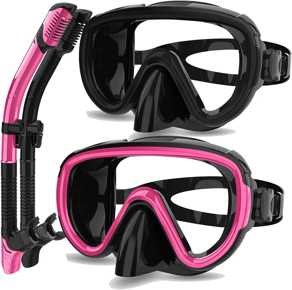 Bairuifu 2 Packs Dry Snorkel Mask Set Snorkeling Gear for Adults Scuba Diving Mask Swimming Glasses Swim Dive Mask Nose Cover Free Diving