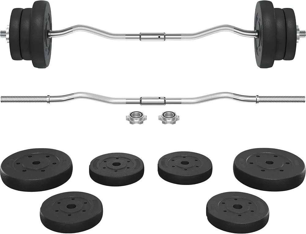 Yaheetech Barbell Weight Set - Olympic Curl Bar & 6 Olympic Weights & 2 Olympic Barbell Clamps for Lifts 66LB/55LB/44LB