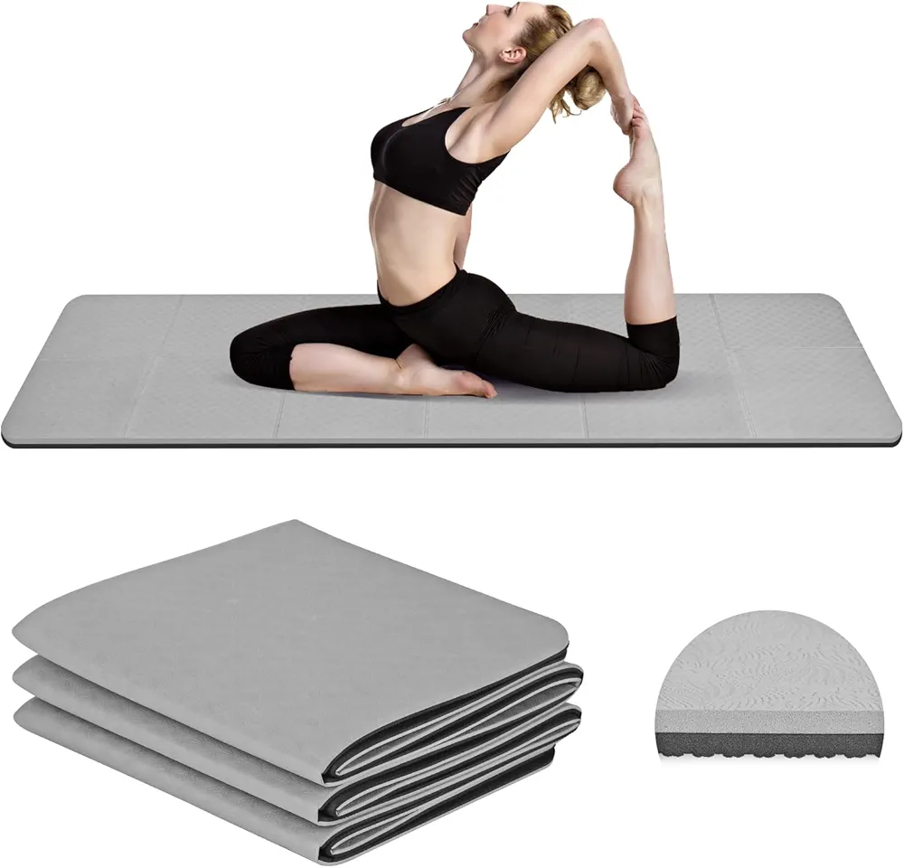 Foldable Travel Yoga Mat with Strap & Carrying Bag, TPE Pilates Mat Yoga Mats for Women Packable Lightweight 6mm Thick Exercise Mat, Non Slip Folding Exercise Mat for Home Workout