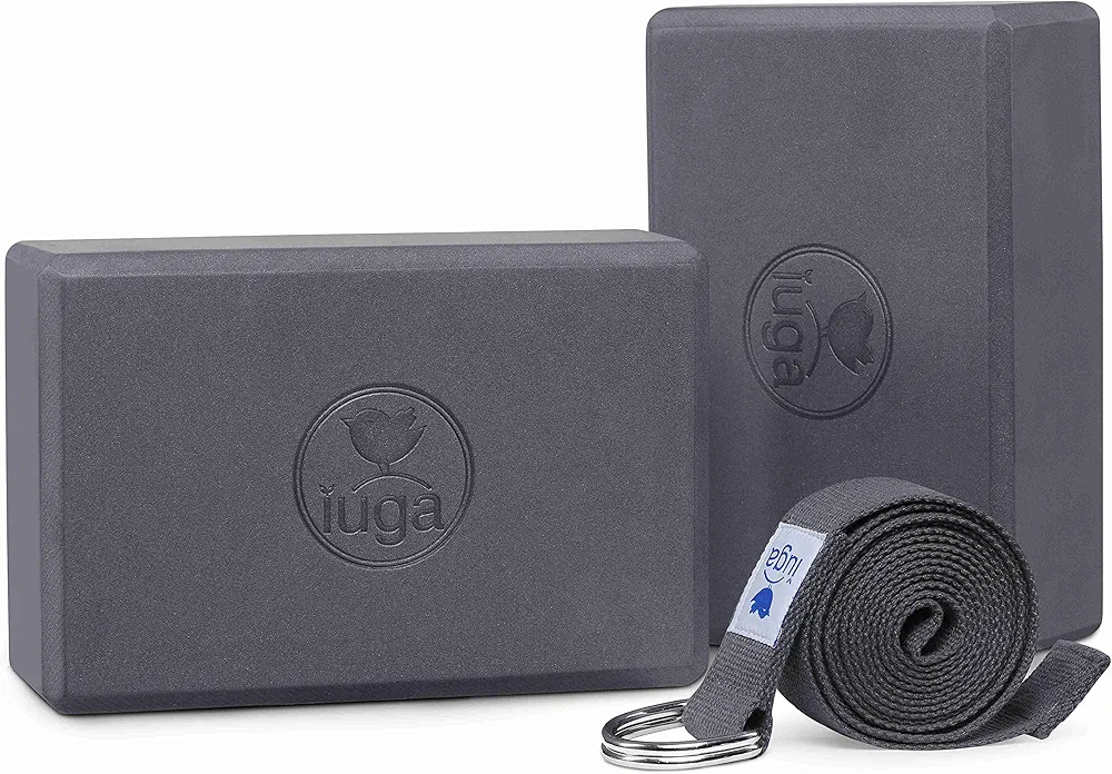 IUGA Yoga Blocks 2 Pack With Strap Non Slip High Density 9"x6"x3" Solid & Cork Yoga Block With Yoga Strap to Improve Strength Balance for Yoga Pilates Meditation