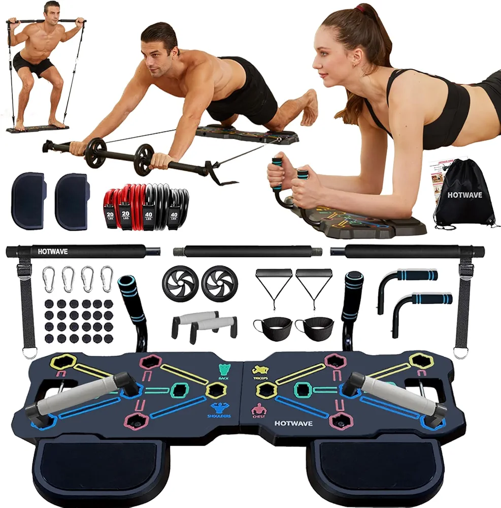 HOTWAVE Portable Workout Equipment with 20 Gym Accessories.Push Up Board &Plank,Resistance Band with Ab Roller Wheel,Exercise at Home For Men and Women