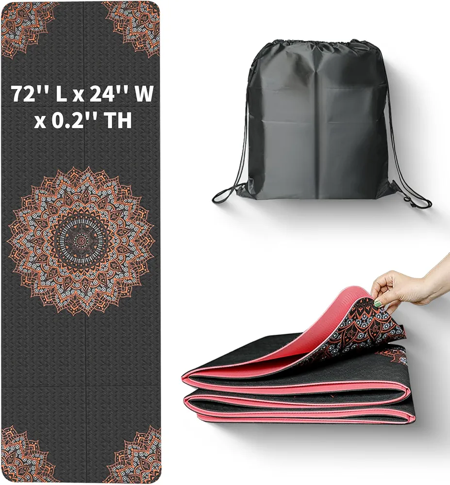 72"X24"X0.2" Travel Yoga Mat Non Slip Exercise Yoga Mat with Carry Bag Foldable Yoga Mat Fitness Workout Mat 5mm Thick Print Pilates Mat for Travel Home Gym Outdoor