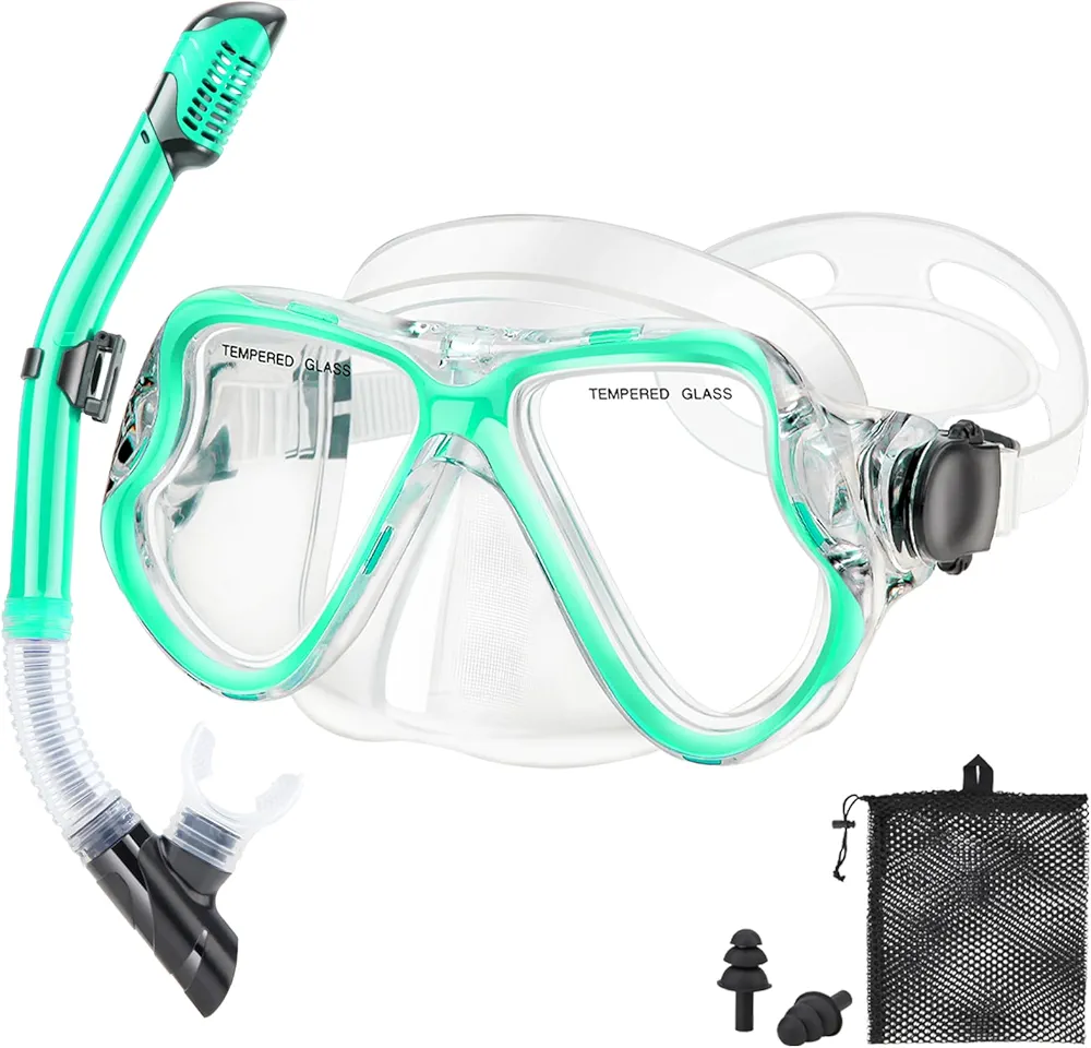 Snorkeling Gear for Adults Kids, Dry Snorkeling Set, Panoramic Anti-Leak and Anti-Fog Tempered Glass Lens, Adjustable Strap Snorkel Set with Mesh Bag Ear Plug for Snorkeling Scuba Diving Travel