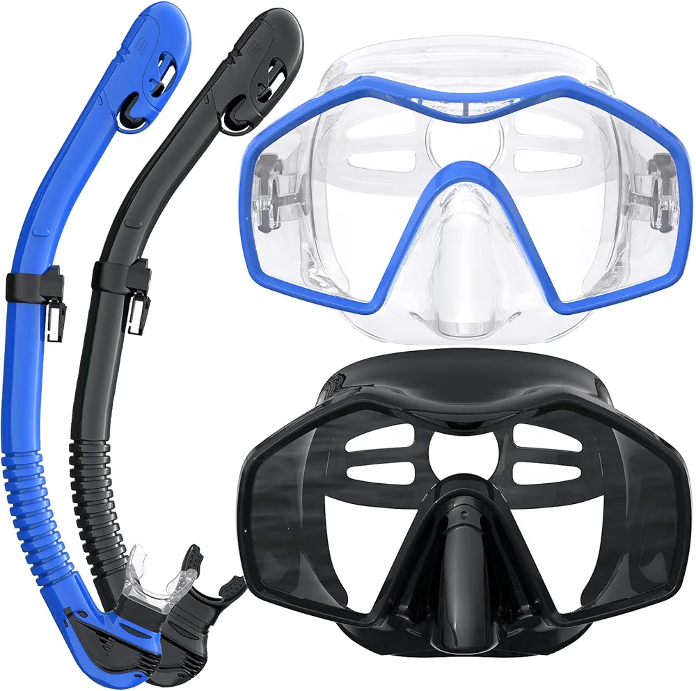 Snorkeling Gear for Adults, Dry Top Snorkel Mask Adult, Snorkel Set with 180°Panoramic Wide View, Anti-Fog Scuba Diving Mask for Snorkeling Swimming Travel