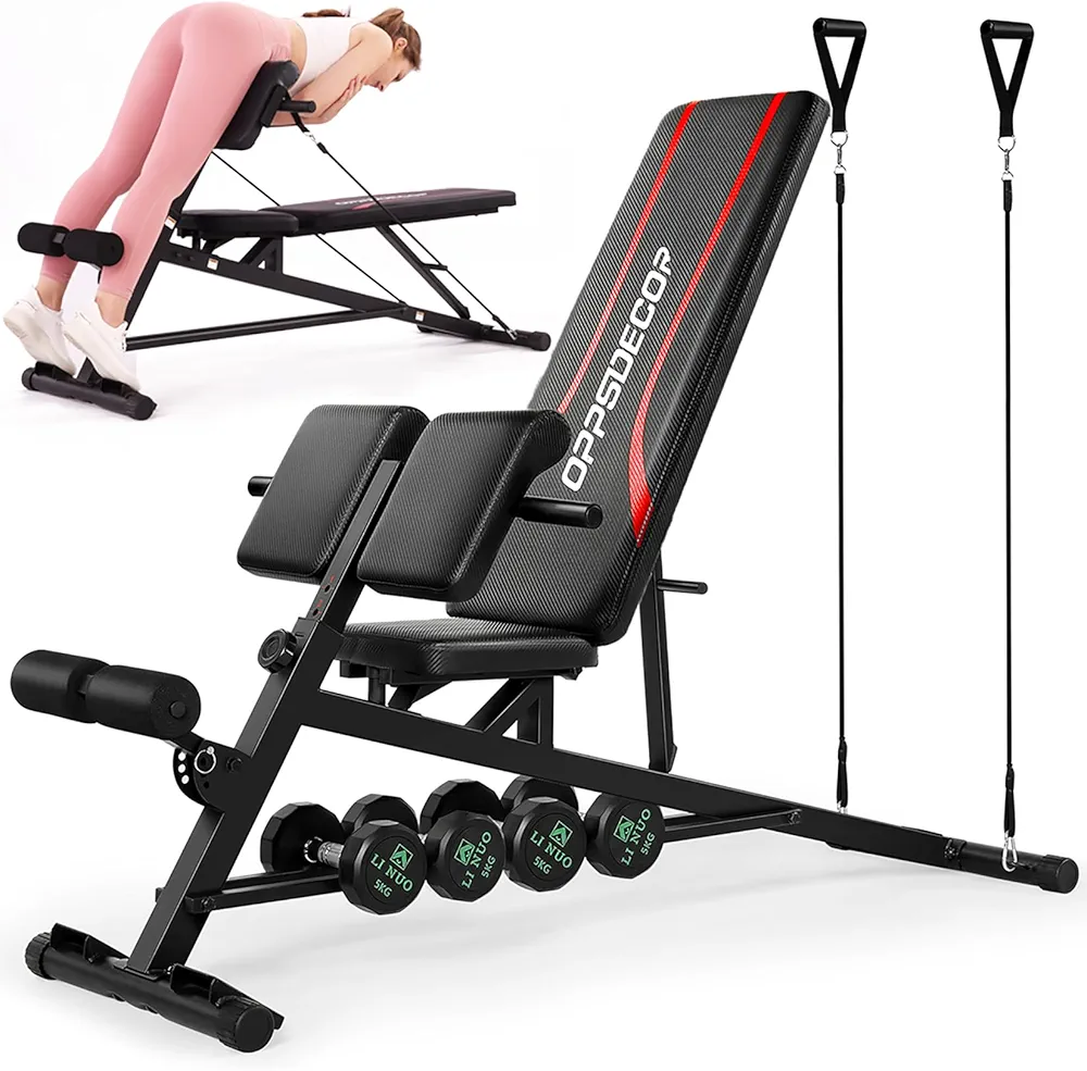 OPPSDECOR Adjustable Weight Bench with Preacher Curl, 900LBS Heavy Duty Roman Chair for Hyper Back Extension, 3 IN 1 Workout Bench Press for Home Gym Full Body Strength Training with 2 Resistance Bands - 2024 Upgrade