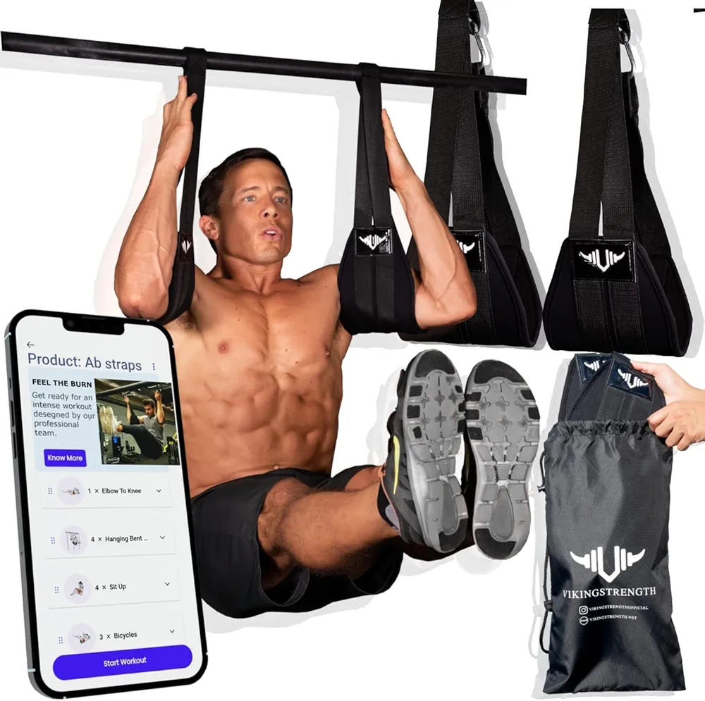 Vikingstrength AB straps - Premium Padded Home Gym Exerciser Ab Slings pair for pull up bar - Hanging Leg Raiser Fitness for six pack - Workout Equipment for Men & Women + Bonus Bag