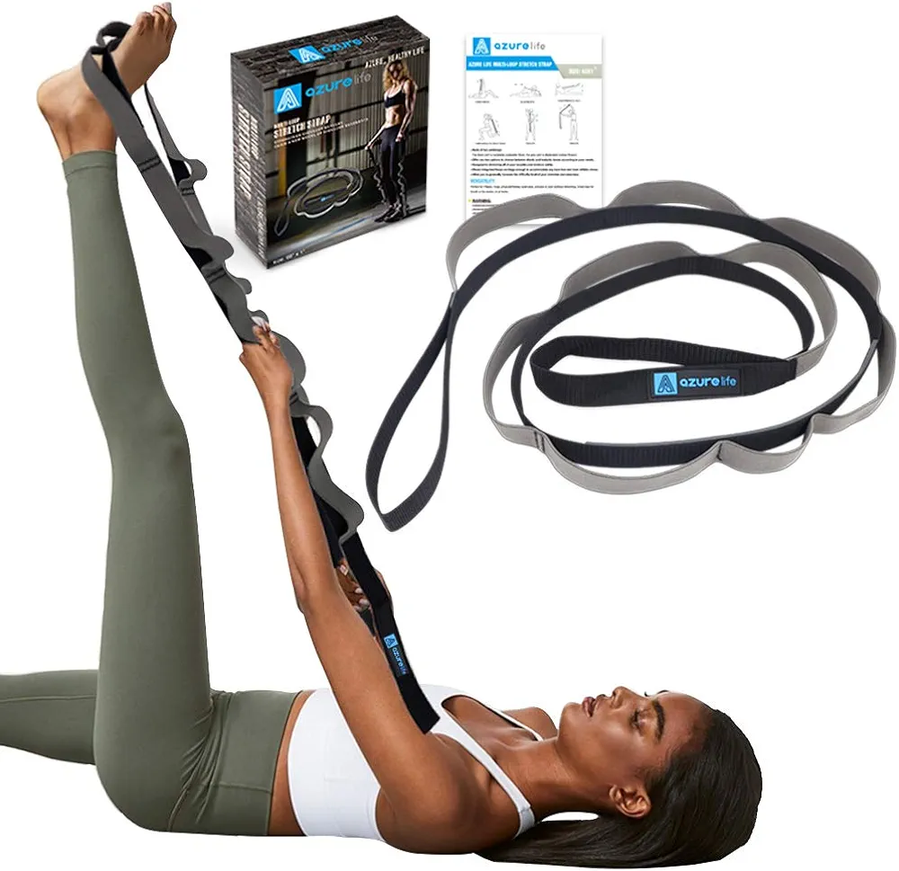 Stretch Strap with 11 Loops, Half Elastic Stretching Strap Band - Stretch Tool for Yoga Physical Therapy, Dance and Pilates, Gymnastics, Hamstring Strength Training with Instruction Guide