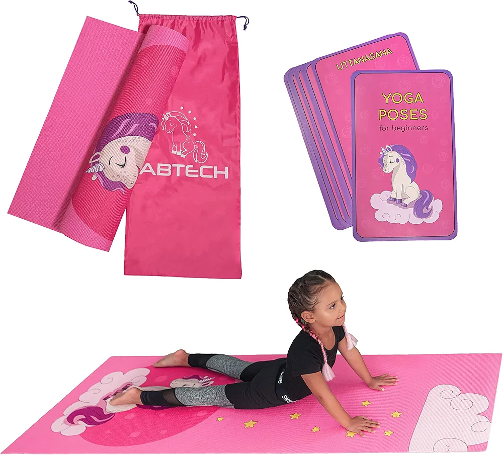 Kids Yoga Mat Set for Boys & Girls - Doll, Unicorn, Mermaid, Panda, Dinosaur and UnderWater - Chemical Free - Non-Toxic - Non-Slip - 60 X 24 X 0.2 Inches - w/ 12 Yoga Cards - Cute Carrier Bag - Ages 3-12
