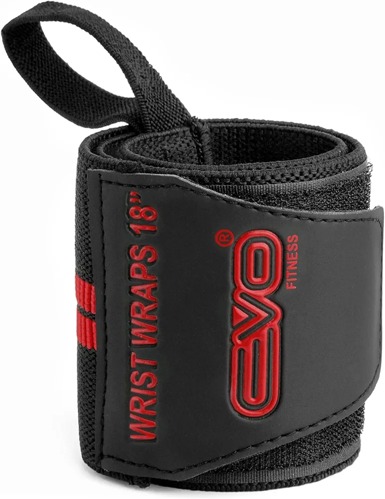 Pair of 18” Deep Black Wrist Wraps for Weightlifting Support Elasticated Cotton Lifting Straps Thumb Loop Powerlifting Bodybuilding Strength Gym Training Workout Bands (Black/Red)