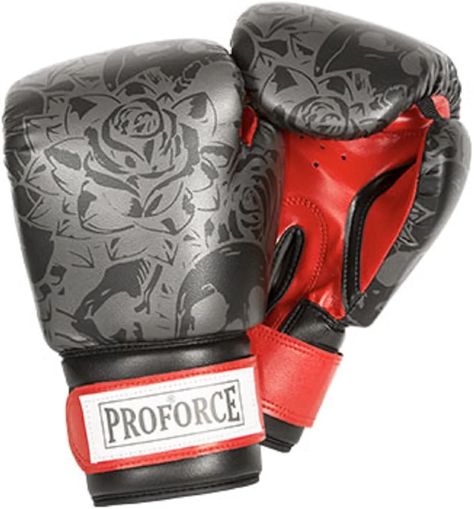 Proforce Leatherette Boxing Gloves with White Palm (Black Skull w/Roses, 12 oz.)