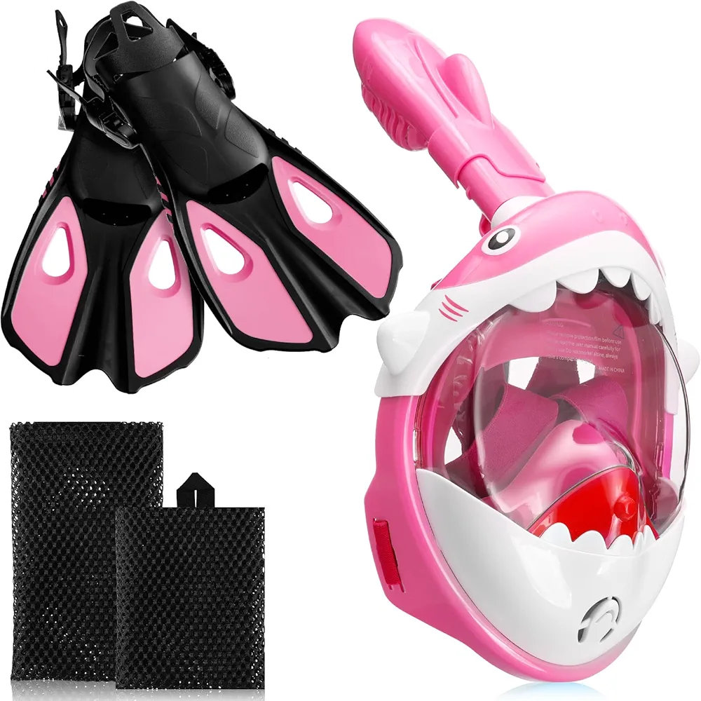 2 Pcs Full Face Snorkel Mask for Kids with Adjustable Swim Fins 180 Degree Panoramic View Shark Snorkeling Mask for Kids Snorkeling Gear Diving Fins Swim Flippers for Children Boys Girls