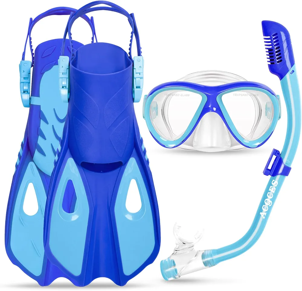 Kids Mask Fins Snorkel Set, Dry Top Snorkeling Gear for Kids Youth Boys Girls Junior Age 5-15 Tempered Glass Snorkel Mask Set Panoramic View Snorkeling Packages