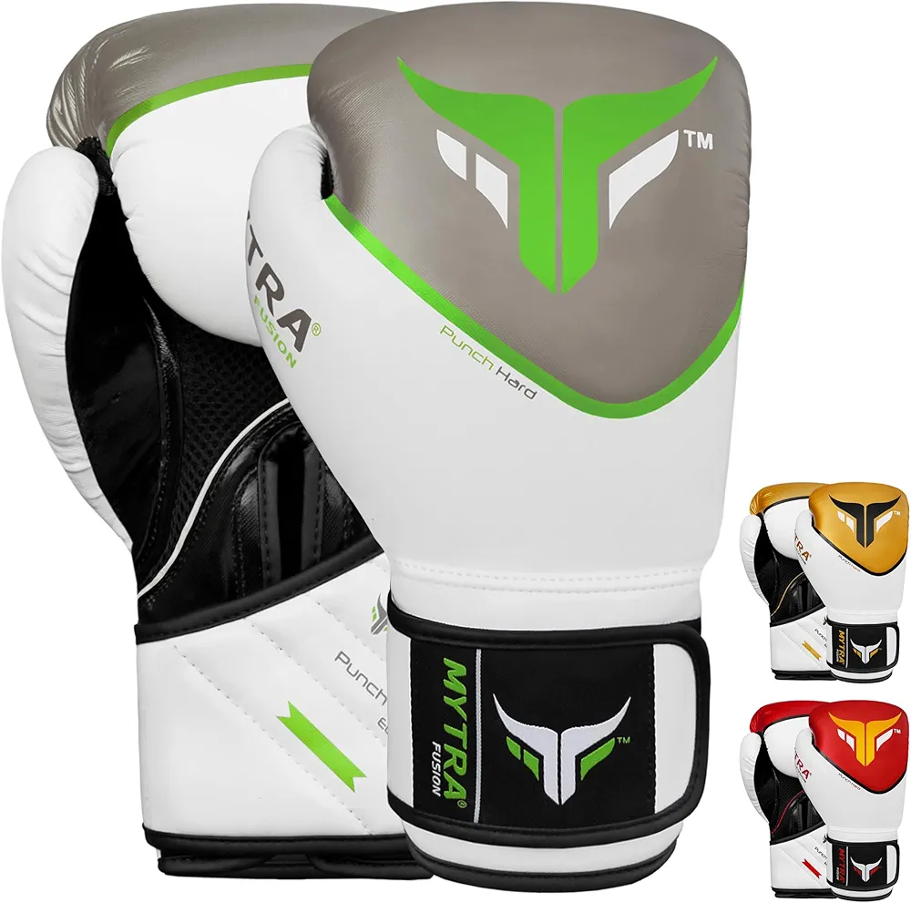 Mytra Fusion Punch Hard Boxing Gloves Artificial Leather Boxing Gloves 10oz 12oz 14oz 16oz Boxing Gloves for Training Punching Sparring Punching Bag Muay Thai Kickbox (14-oz, White Grey)