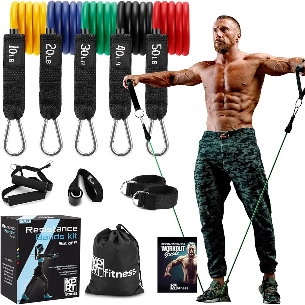 XPRT Fitness 11-Piece Resistance Bands Set - Home Gym Equipment with Door Anchor, Handles & Ankle Straps (10-150 lbs) - Workout Bands for Strength Training, Physical Therapy & Exercise - Men & Women
