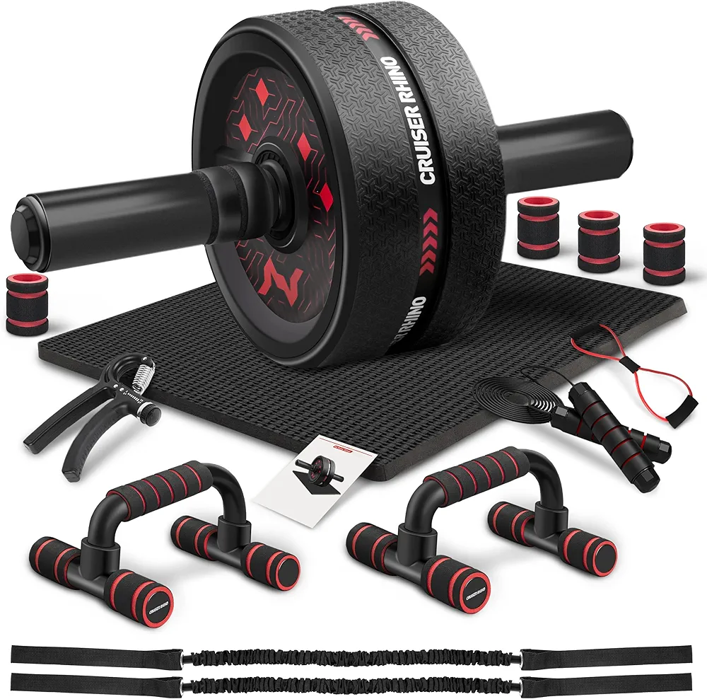 Ab Workout Equipment, Ultra Ab Roller Wheel Kit, Large Ab Roller with Resistance Bands, Push Up Bar, Jump Rope, Grip Strength Trainer, Pulling Rope, Ab Mat, Perfect for Home & Gym Fitness Equipment