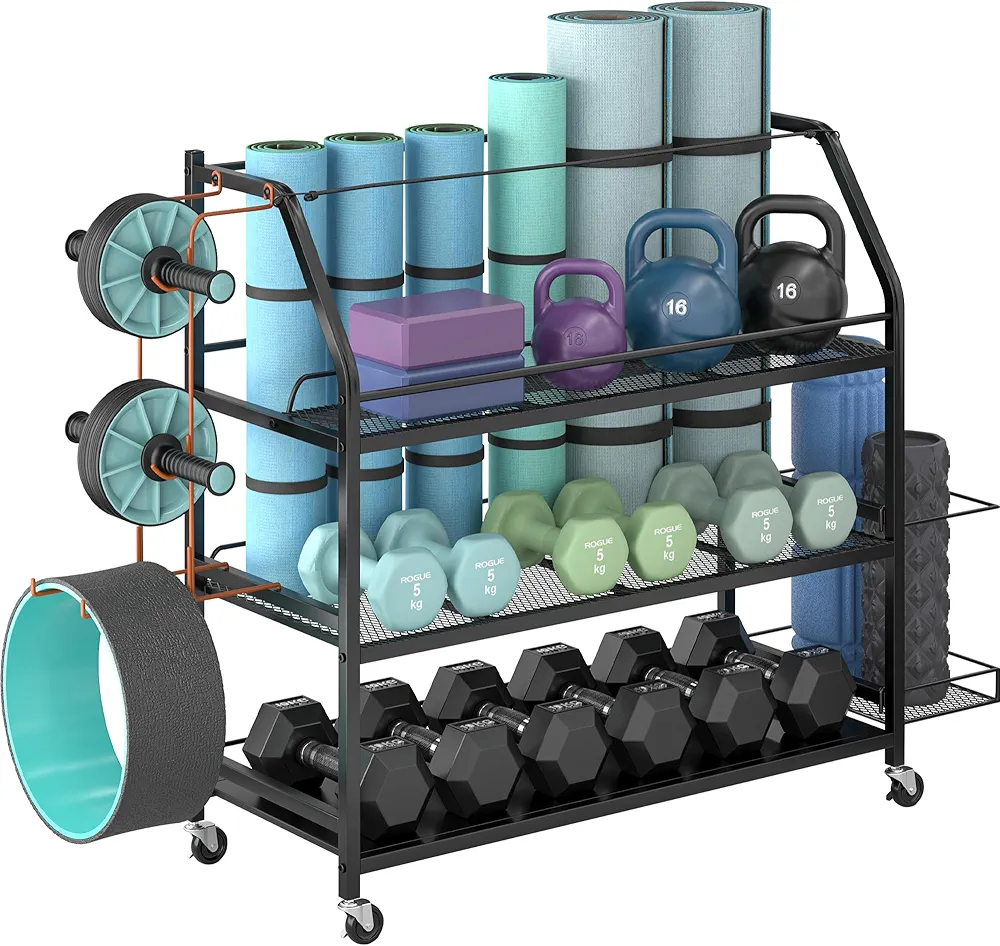 Yoga Mat Storage Rack, Home Gym Workout Accessories Organizer, Sporting Goods Storage with Baskets and Hooks, Yoga Mats, Dumbbell, Resistant Band, and other Workout Equipment Holder