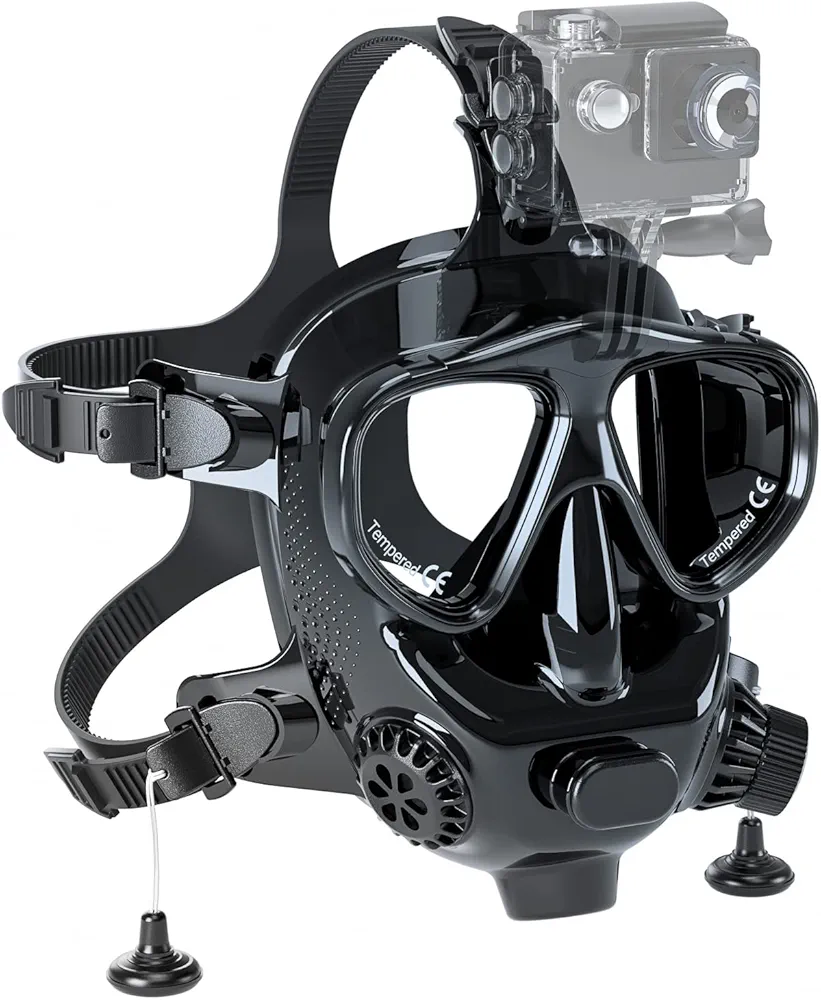 Full Face Scuba Mask with Camera Mount, 180° View Panoramic Full Face Diving Mask, Anti-Fog & Anti-Leak Scuba&Snorkel Mask for Scuba Diving, Compatible with All Scuba Diving Tank